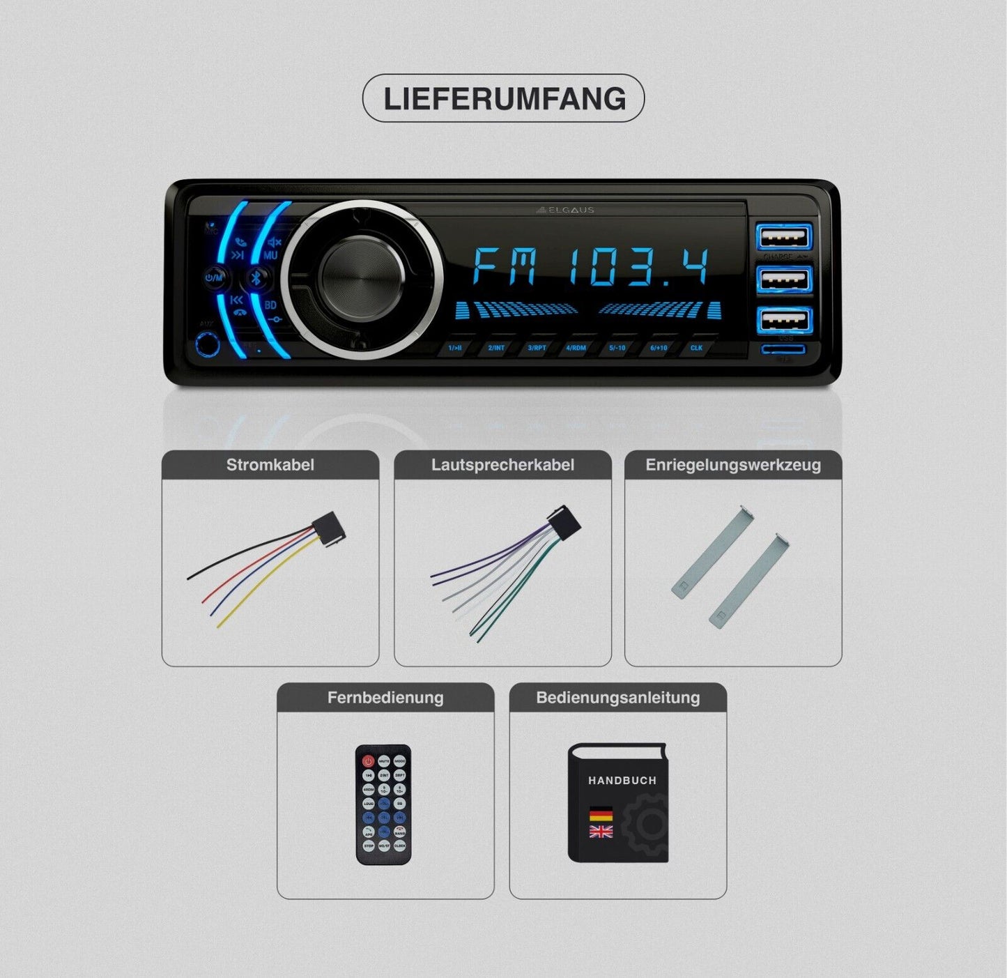 ELGAUS ES-MP870M Autoradio | Fernbedienung | 1 DIN | 3xUSB | MP3 | RDS | ID3 |