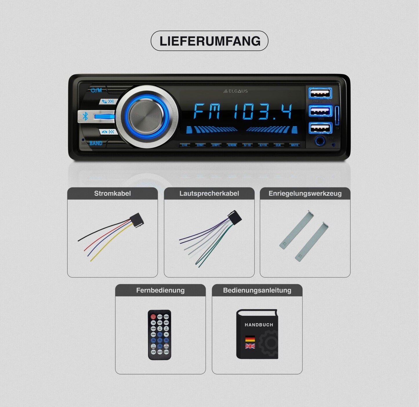 ELGAUS ES-MP880M Autoradio | Fernbedienung | 1 DIN | 3xUSB | MP3 | RDS | ID3 |